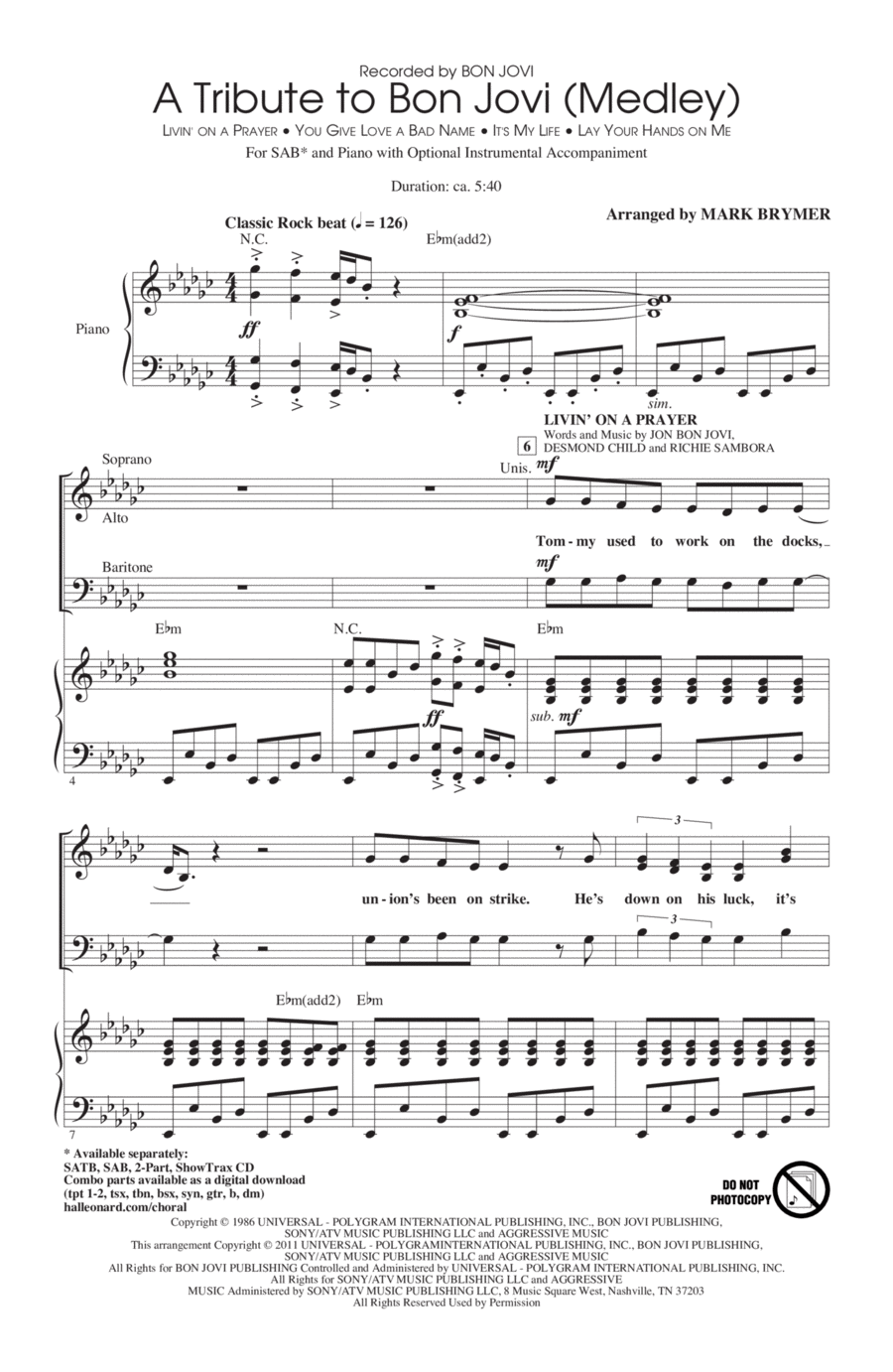 A Tribute To Bon Jovi (Medley) 3-Part scores gallery preview page 1