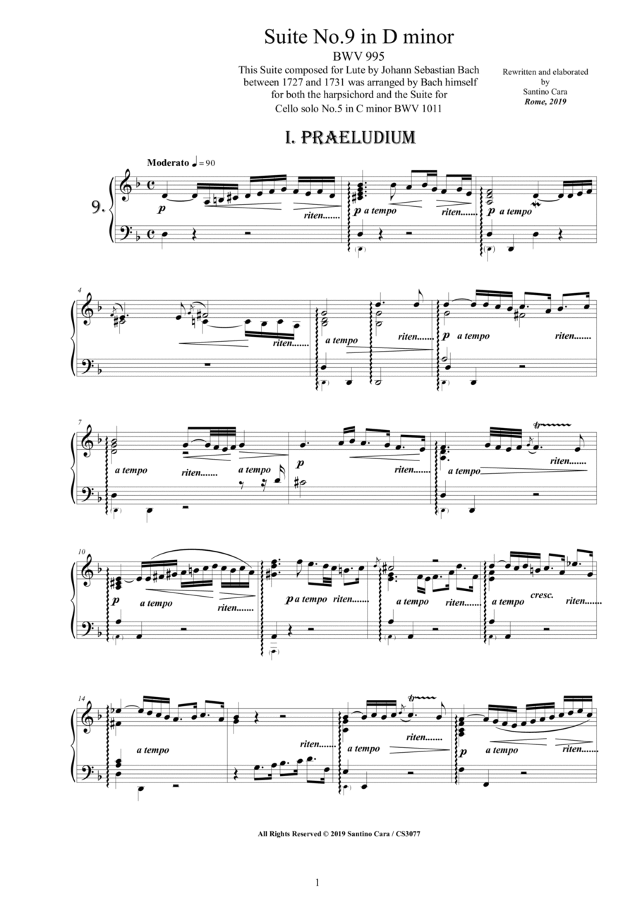 Bach - Piano Suite No.9 in D minor BWV 995 - Complete Piano version Piano Solo scores gallery preview page 1