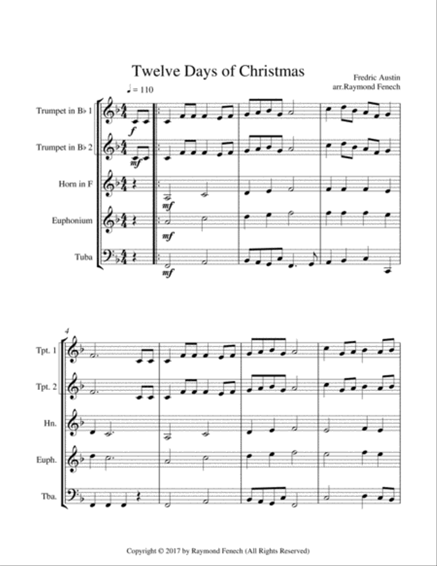 Twelve Days of Christmas - Christmas Sing along (For Brass Quintet - 2 Trumpets, Horn, Euphonium and Brass Quintet scores gallery preview page 6