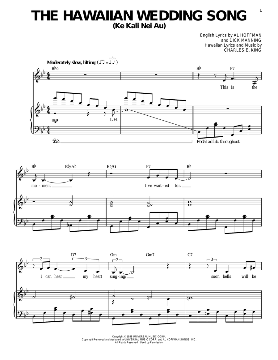 The Hawaiian Wedding Song (Ke Kali Nei Au) Piano, Vocal scores gallery preview page 1