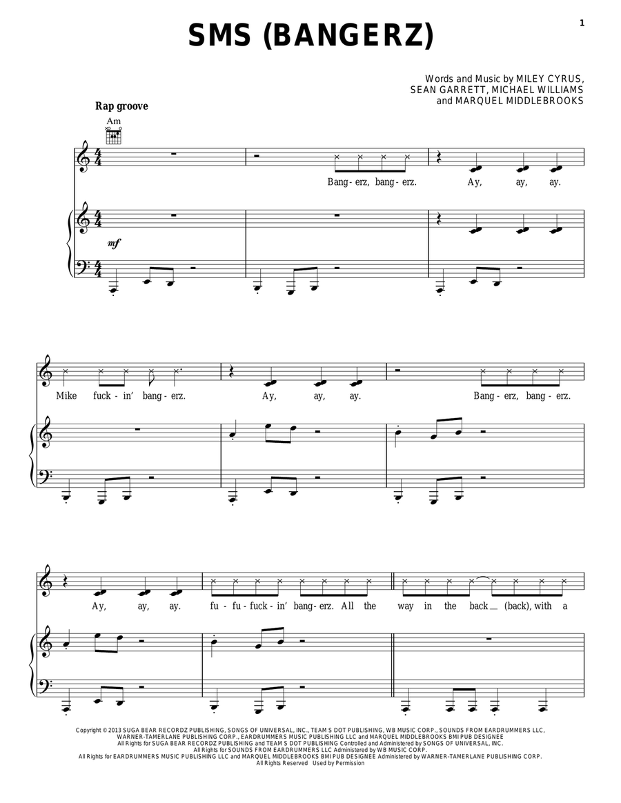 SMS (Bangerz) Piano, Vocal, Guitar scores gallery preview page 1