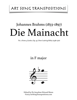 Book cover for BRAHMS: Die Mainacht, Op. 43 no. 2 (transposed to F major)