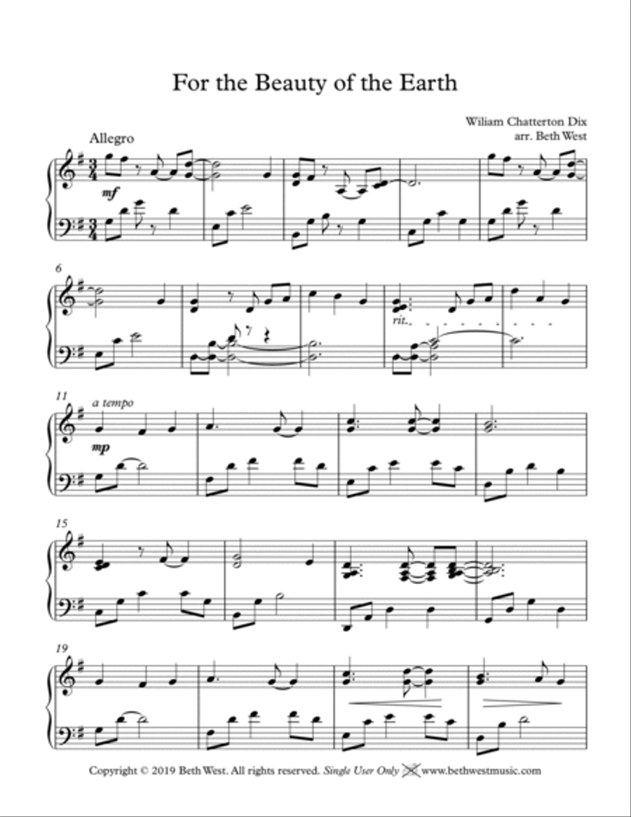For the Beauty of the Earth Piano Solo scores gallery preview page 2