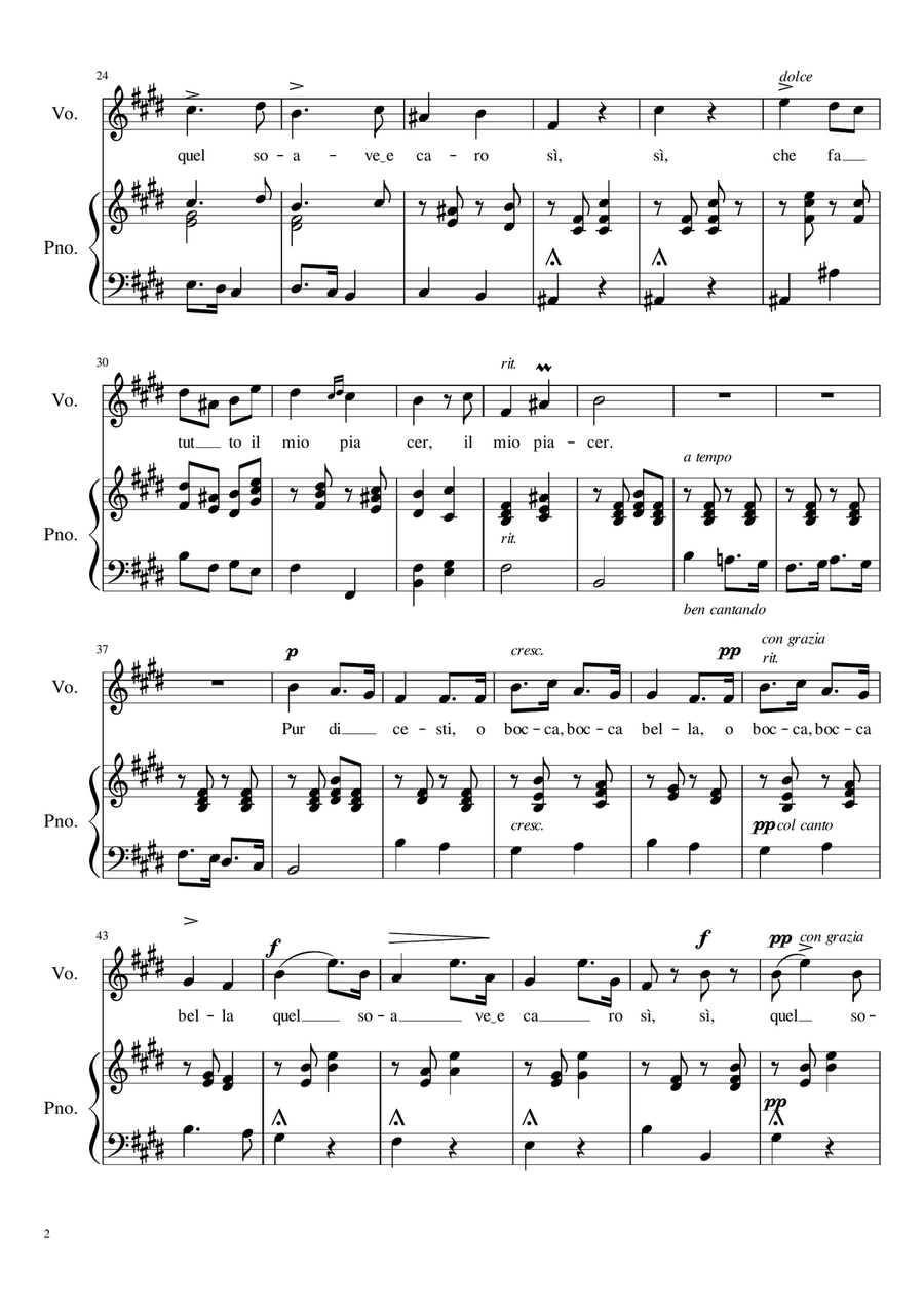 Pur dicesti, o bocca bella - E Major Voice Solo scores gallery preview page 3