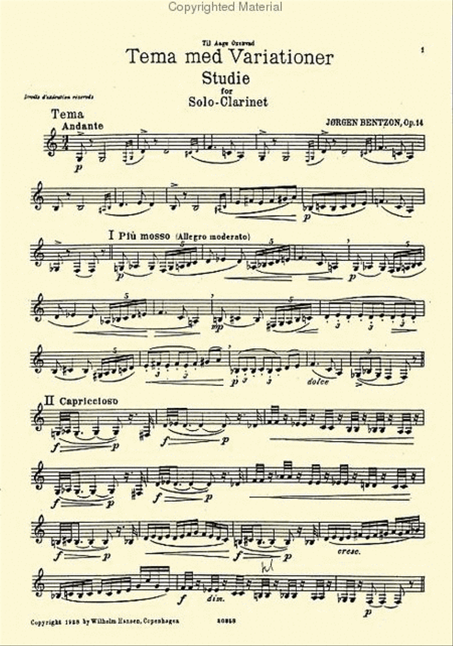 Jorgen Bentzon: Theme And Variations For Solo Clarinet Op.14 Clarinet Solo scores gallery preview page 2