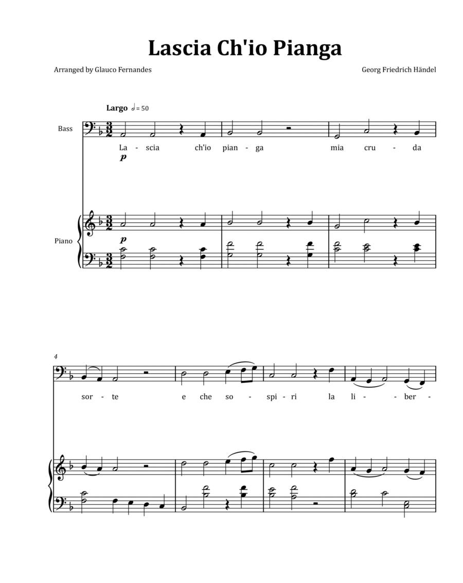 Lascia Ch'io Pianga by Händel - Tenor & Piano in F Major image number null