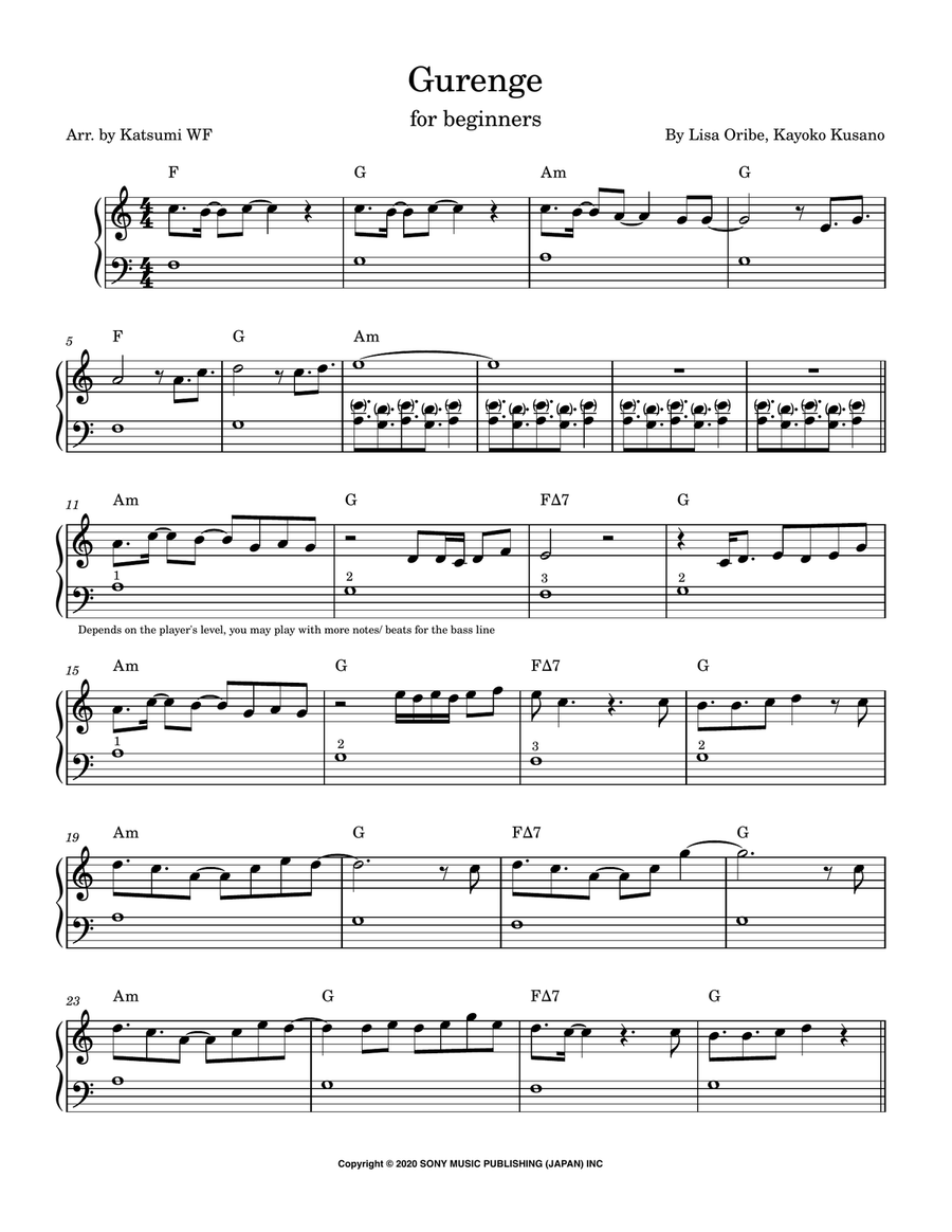Gurenge Easy Piano scores gallery preview page 1