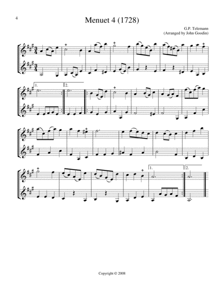 50 Menuets (1728) for Two Violins or Mandolins; or Oboe, Recorder or Flute with Mandolin or Violin