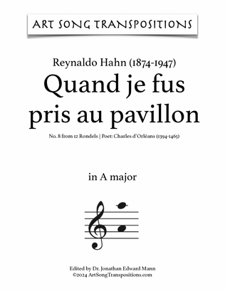 Book cover for HAHN: Quand je fus pris au pavillon (transposed to A major)
