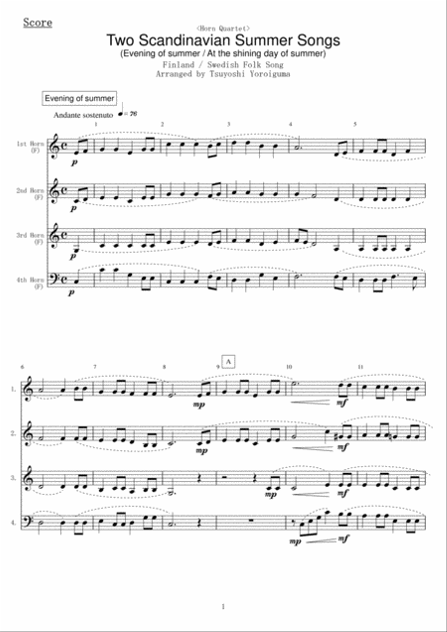 <Horn Quartet> Two Scandinavian Summer Songs Brass Ensemble scores gallery preview page 1