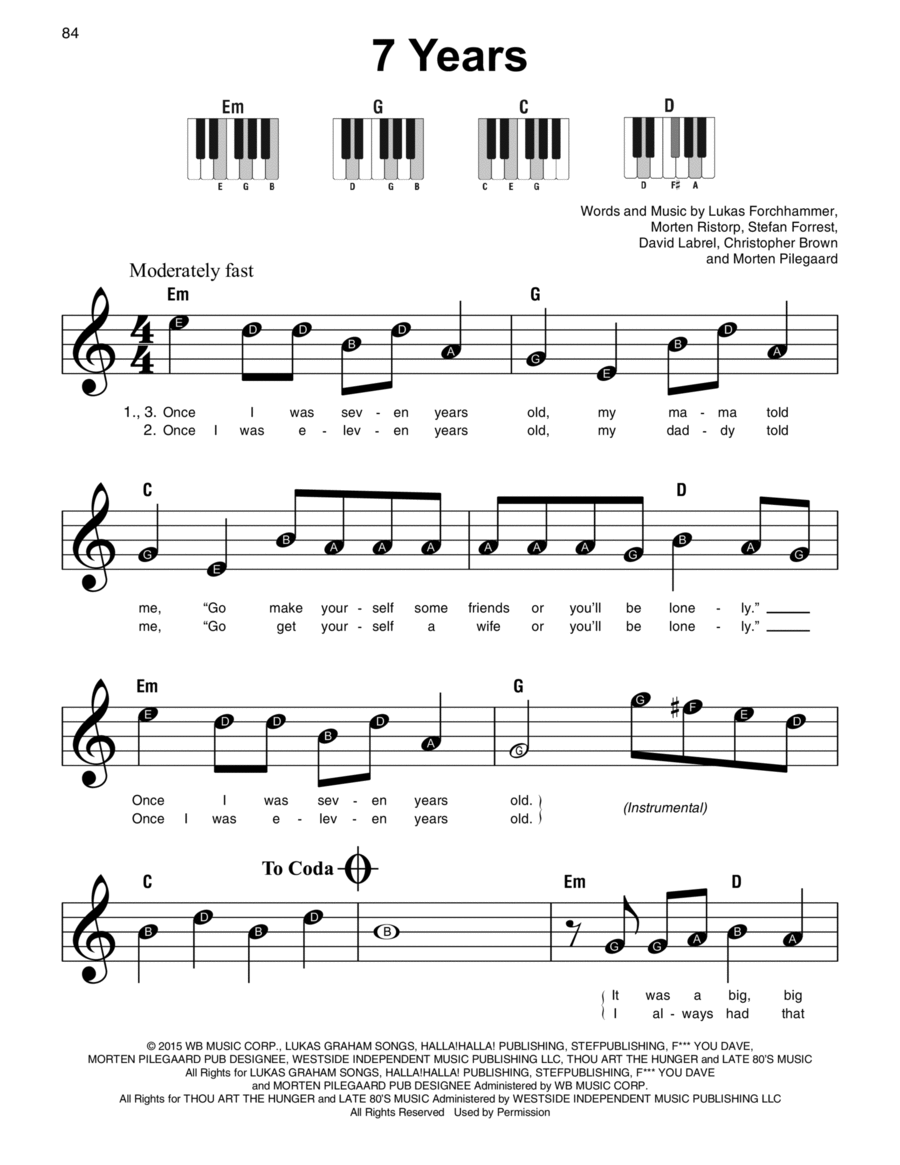 7 Years Easy Piano scores gallery preview page 1