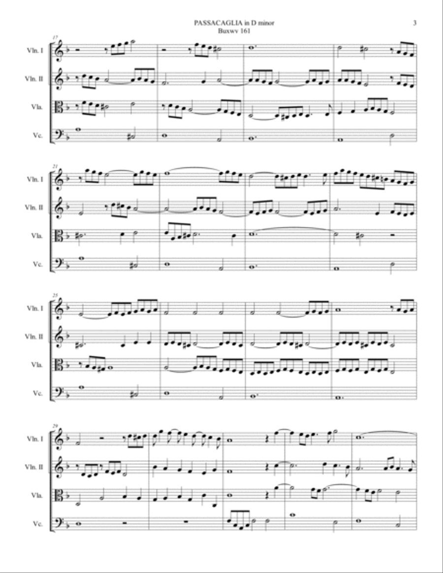BUXTEHUDE - PASSACAGLIA IN D MINOR - BuxWv 161 - Arr. for String Quartet String Quartet scores gallery preview page 2