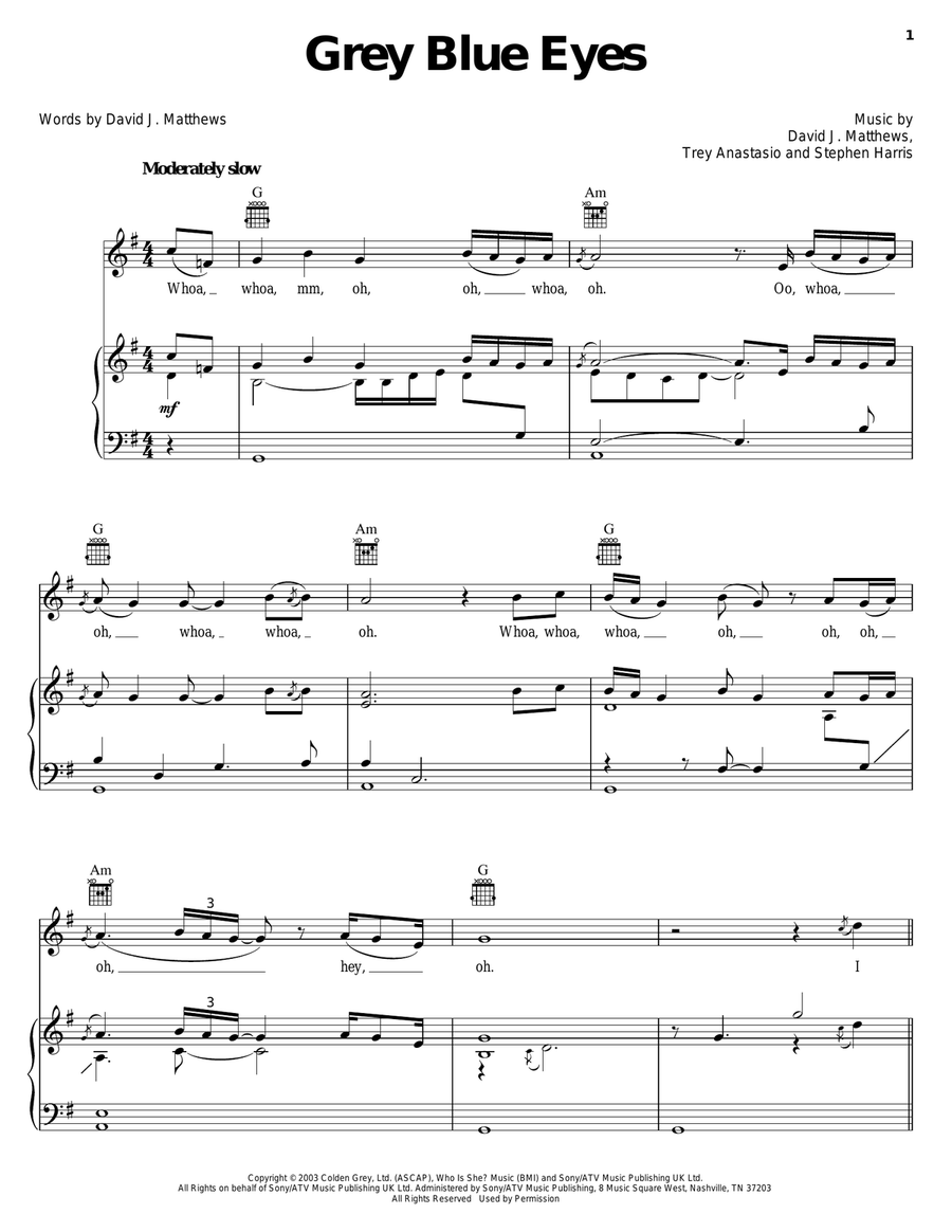 Grey Blue Eyes Grey Blue Eyes Piano, Vocal, Guitar scores gallery preview page 1