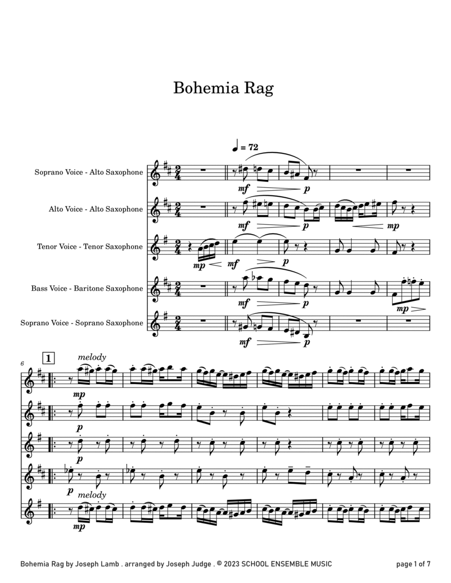 Bohemia Rag by Joseph Lamb for Saxophone Quartet in Schools Saxophone Quartet scores gallery preview page 1
