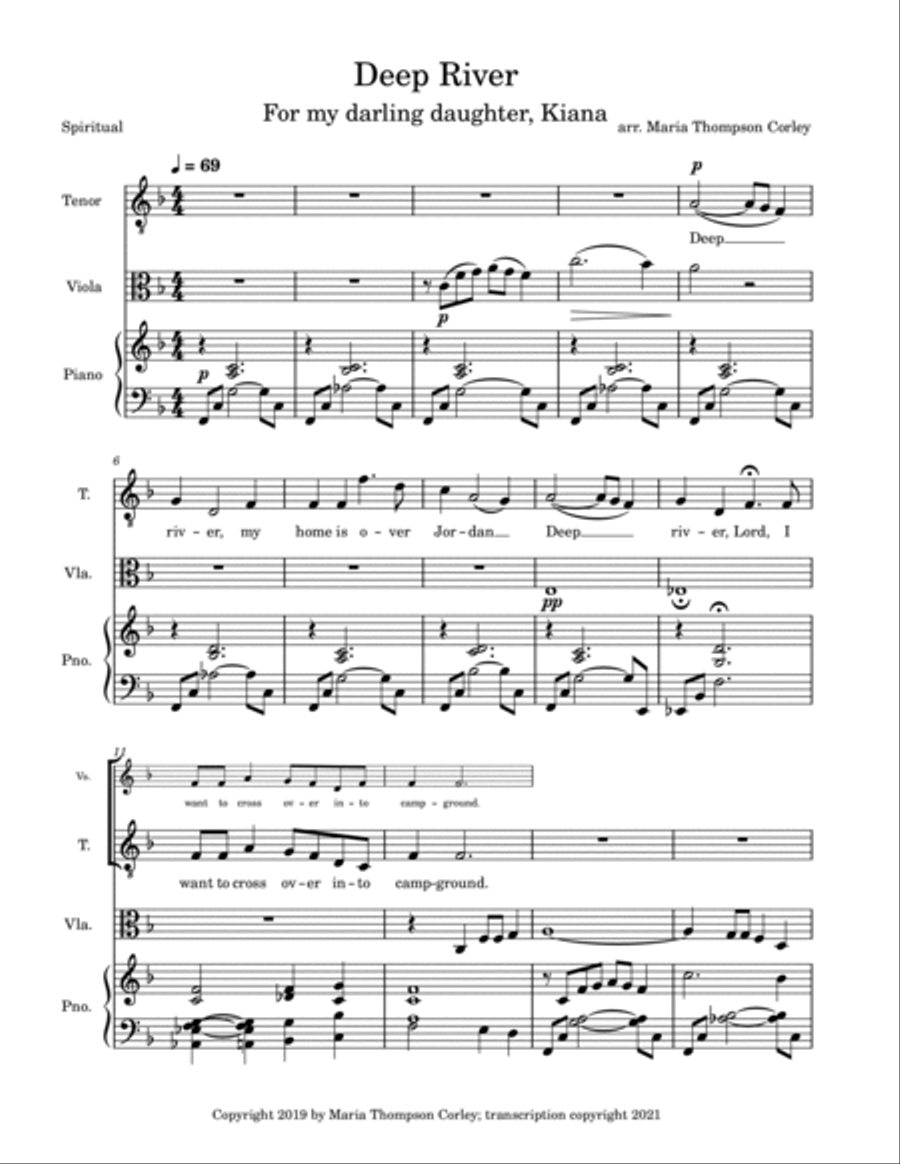 "Deep River" from Crossing Jordan, arranged for tenor, piano and viola