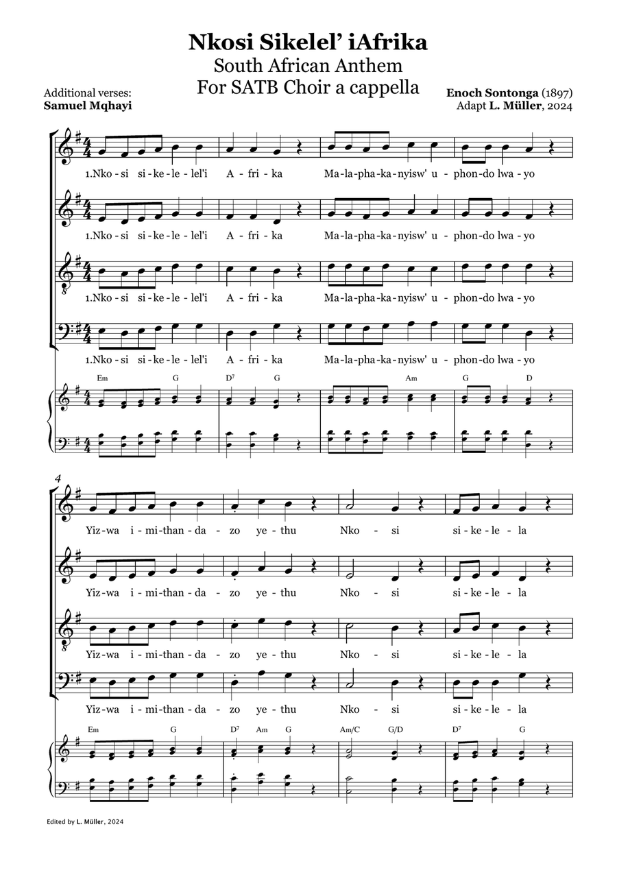 Nkosi Sikelel’ iAfrika - South African Anthem - A Capella (with chords) 4-Part scores gallery preview page 1