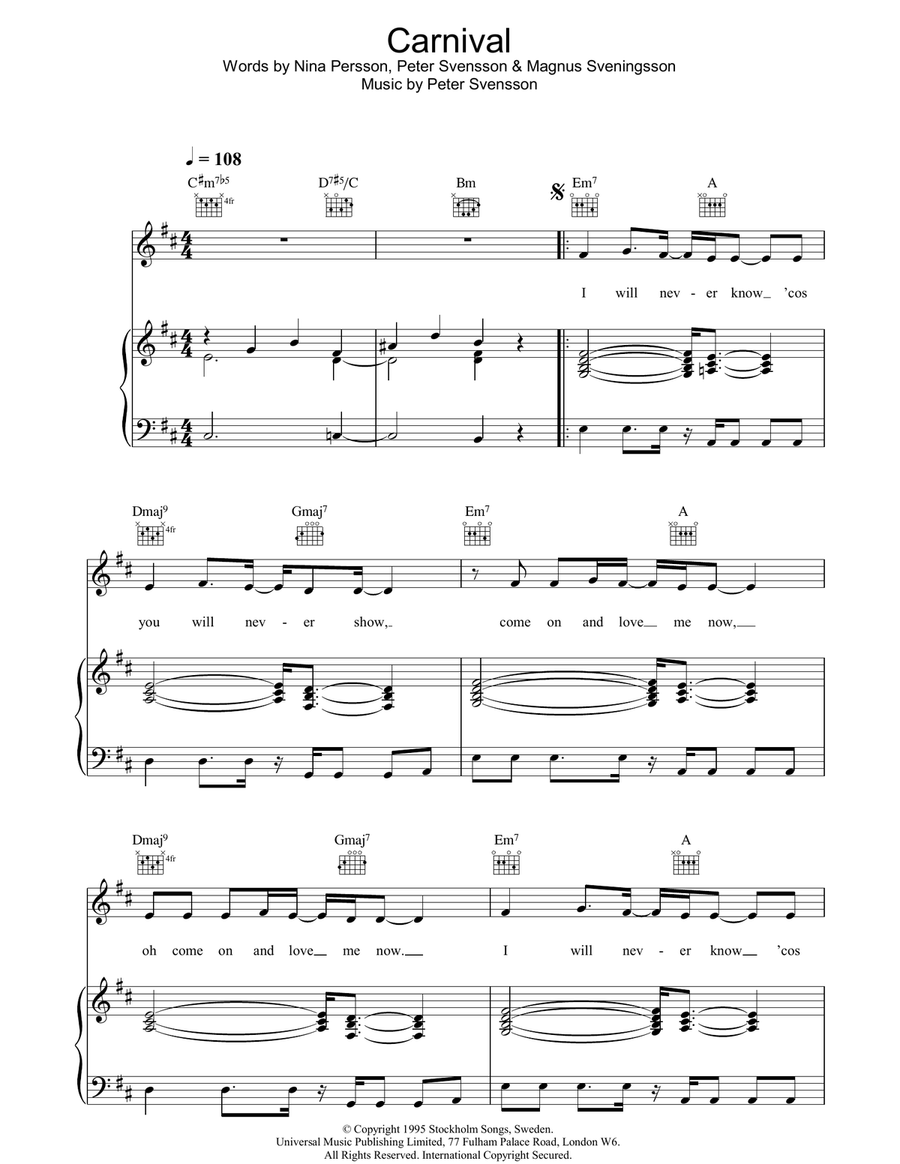 Carnival Carnival Piano, Vocal, Guitar scores gallery preview page 1