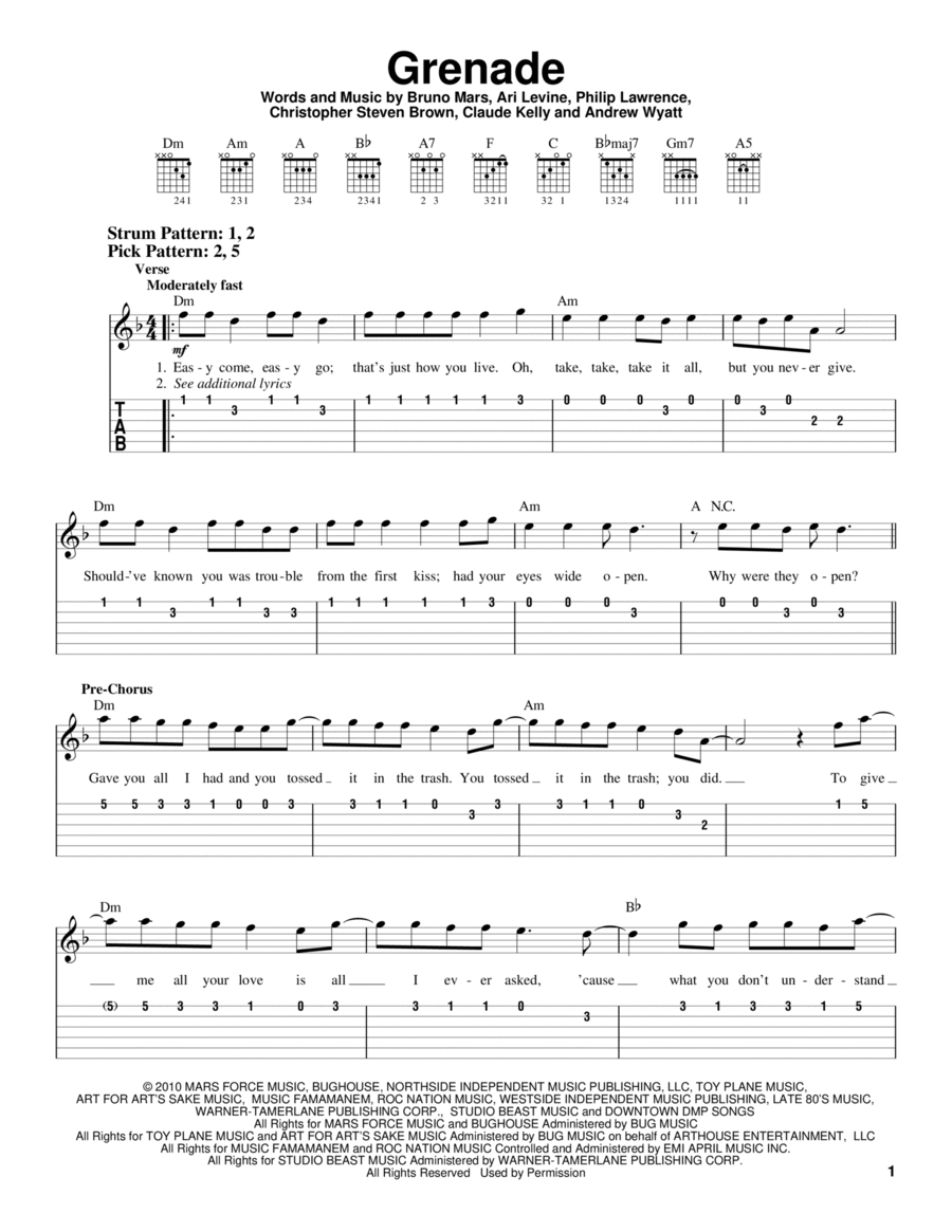 Grenade Acoustic Guitar scores gallery preview page 1