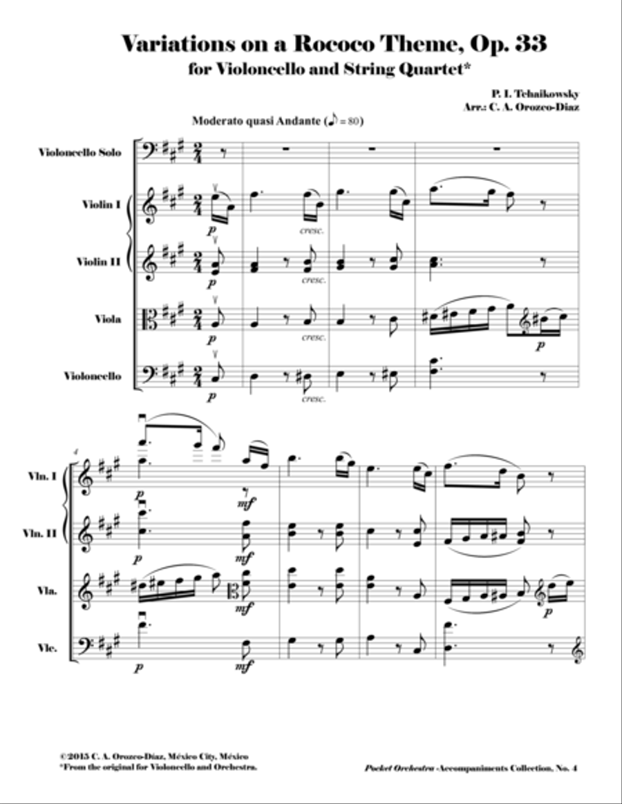 Tchaikowsky - Rococo Variations, Op. 33 ( Accompaniment Reduction for String Quartet) SCORE String Quartet scores gallery preview page 1