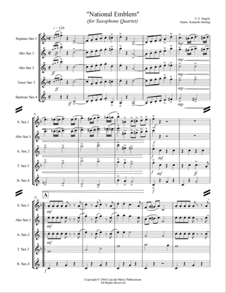 March - National Emblem (for Saxophone Quartet SATB or AATB) Saxophone Quartet scores gallery preview page 2