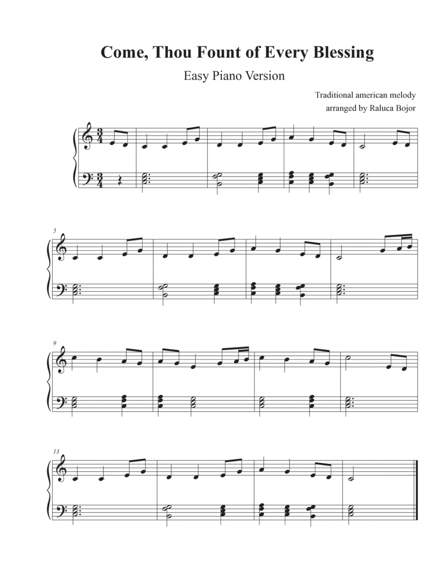 Come, Thou Fount of Every Blessing (early intermediate piano arrangement) Easy Piano scores gallery preview page 1