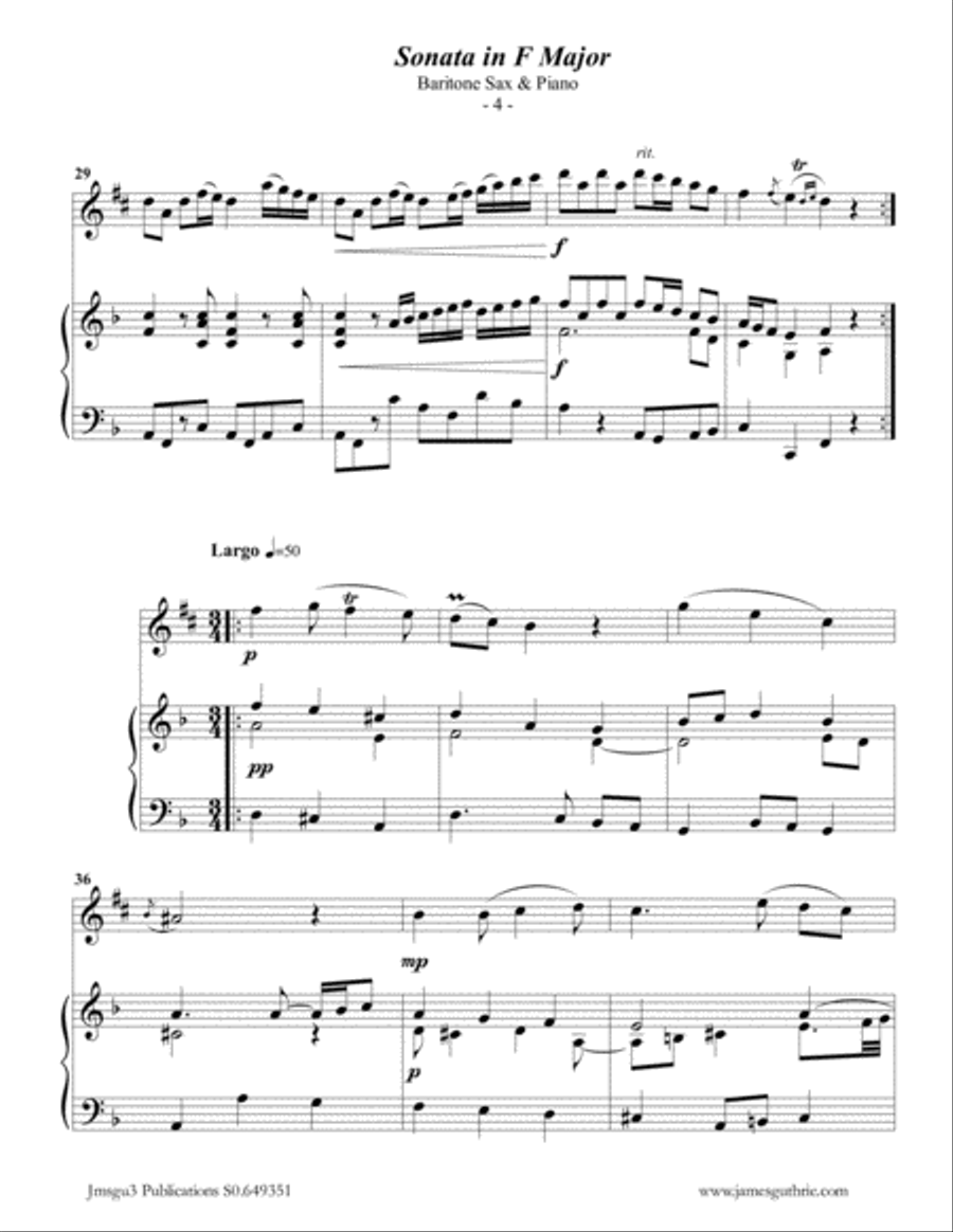 Telemann: Sonata in F Major for Baritone Sax & Piano Baritone Saxophone scores gallery preview page 4