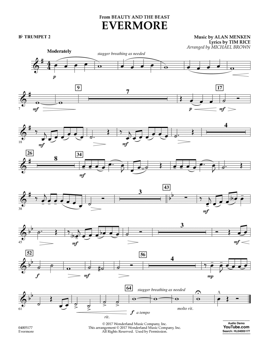 Evermore (from Beauty and the Beast) (arr. Michael Brown) - Bb Trumpet 2 Concert Band scores gallery preview page 1