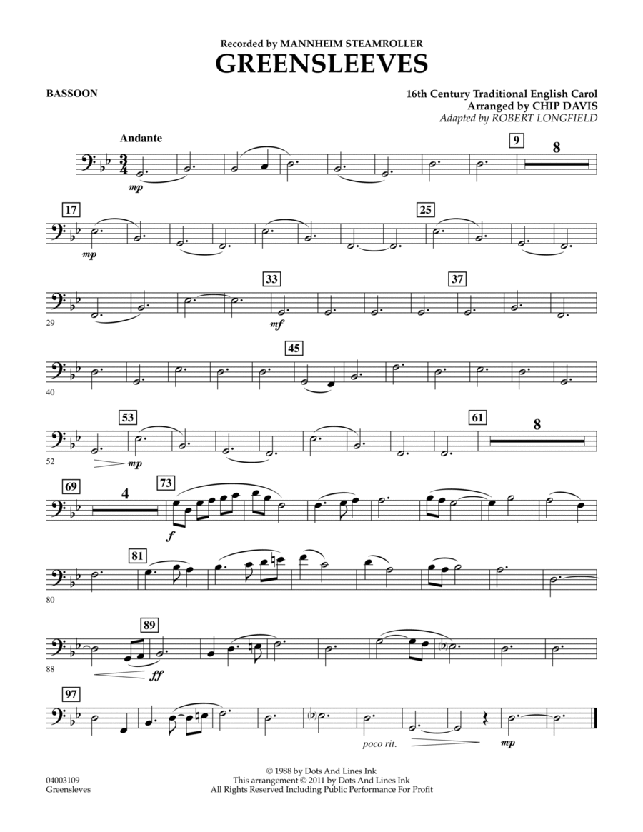 Greensleeves - Bassoon Concert Band scores gallery preview page 1
