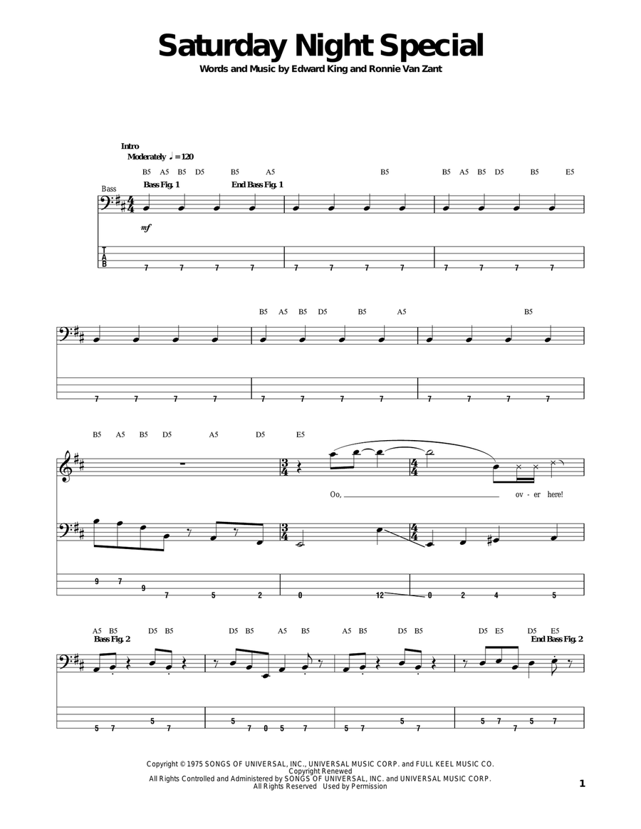 Saturday Night Special Saturday Night Special Bass Guitar Tablature scores gallery preview page 1
