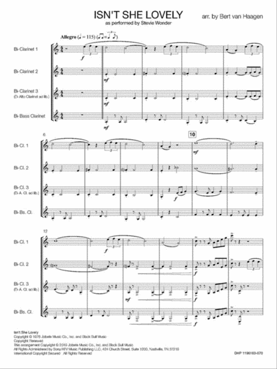 Isn't She Lovely Clarinet Quartet scores gallery preview page 3