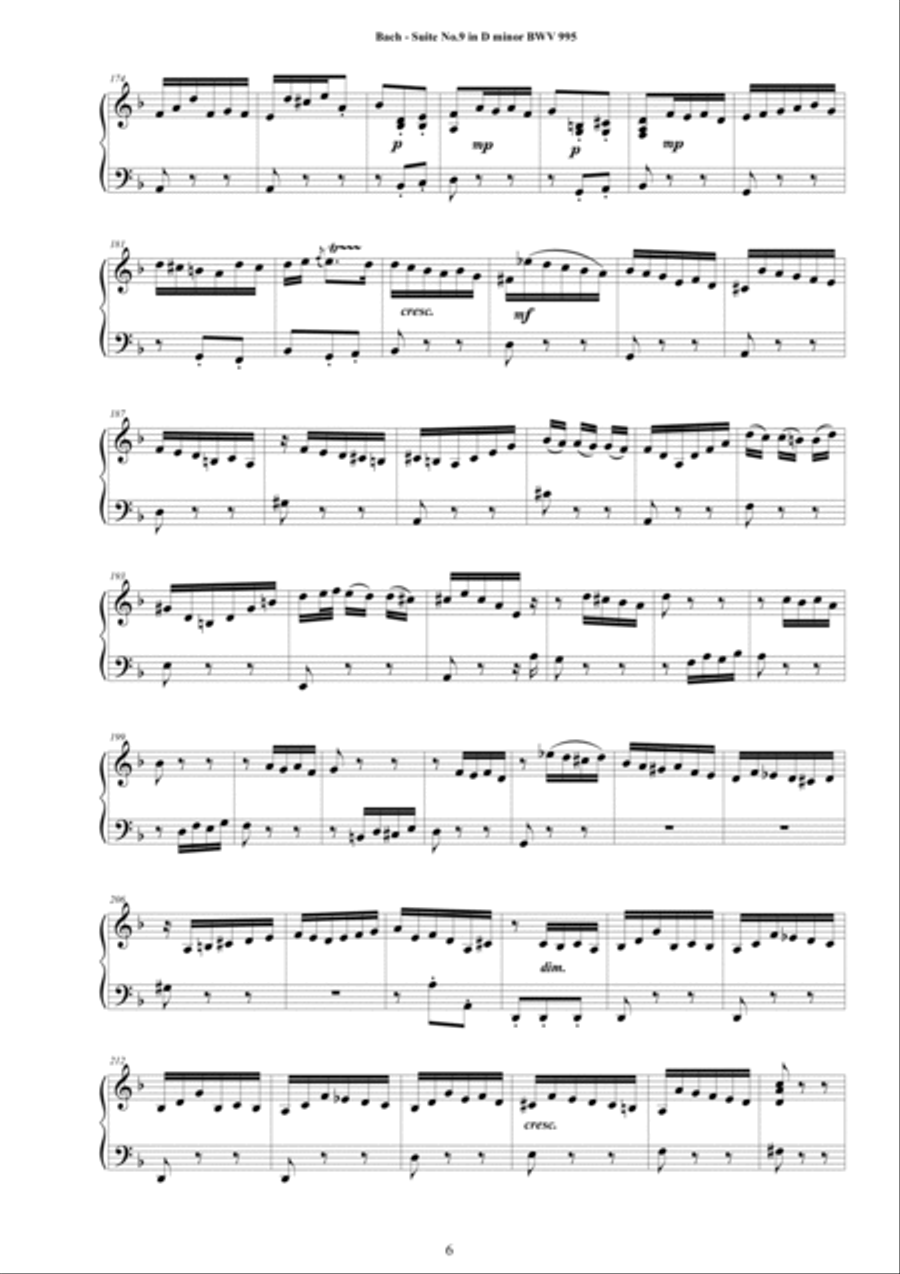 Bach - Piano Suite No.9 in D minor BWV 995 - Complete Piano version Piano Solo scores gallery preview page 6