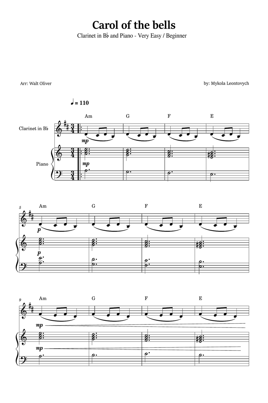 Carol of the Bells for Bb Clarinet and Piano (Very Easy - Beginner) in A minor - With Chords B-Flat Clarinet scores gallery preview page 1