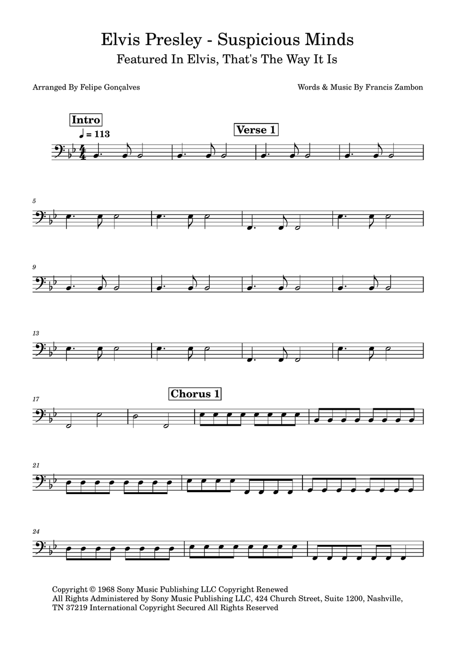 Suspicious Minds Suspicious Minds Bass Guitar scores gallery preview page 1