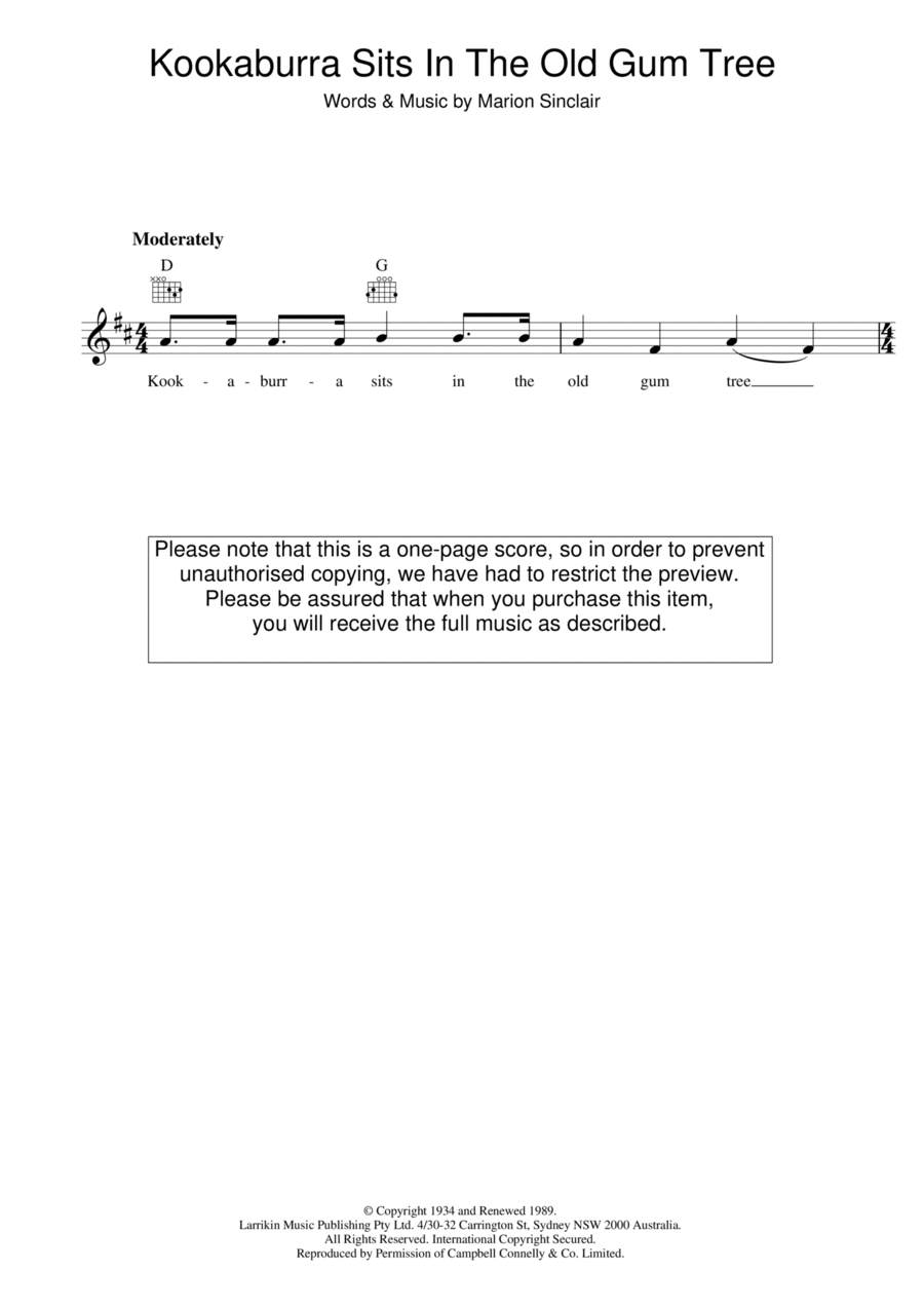 Kookaburra Sits In The Old Gum Tree Piano scores gallery preview page 1