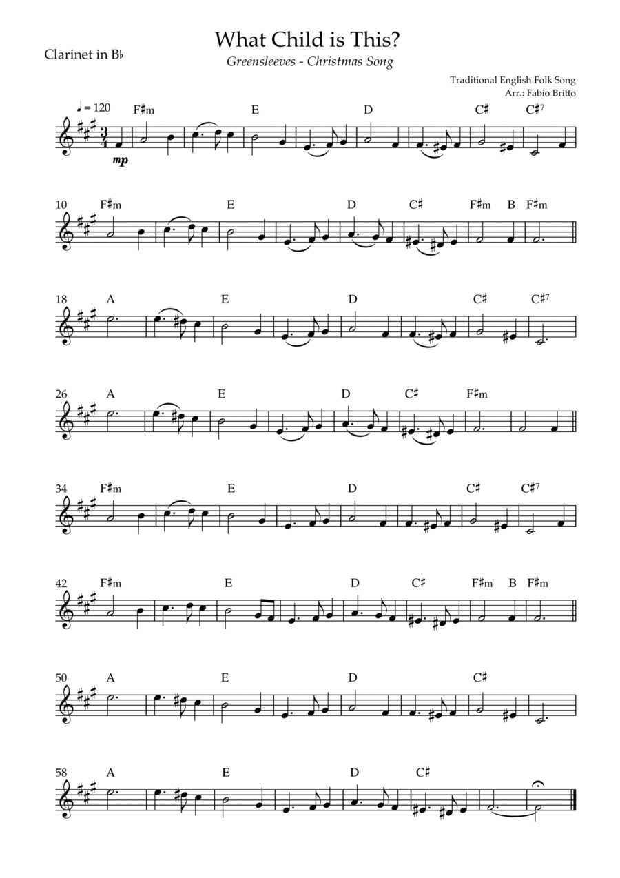 What Child is This? - Greensleeves (Christmas Song) for Clarinet in Bb Solo with Chords B-Flat Clarinet scores gallery preview page 1
