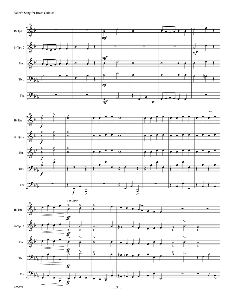 SAILORS SONG (Grieg) arranged for BRASS QUINTET Brass Quintet scores gallery preview page 2
