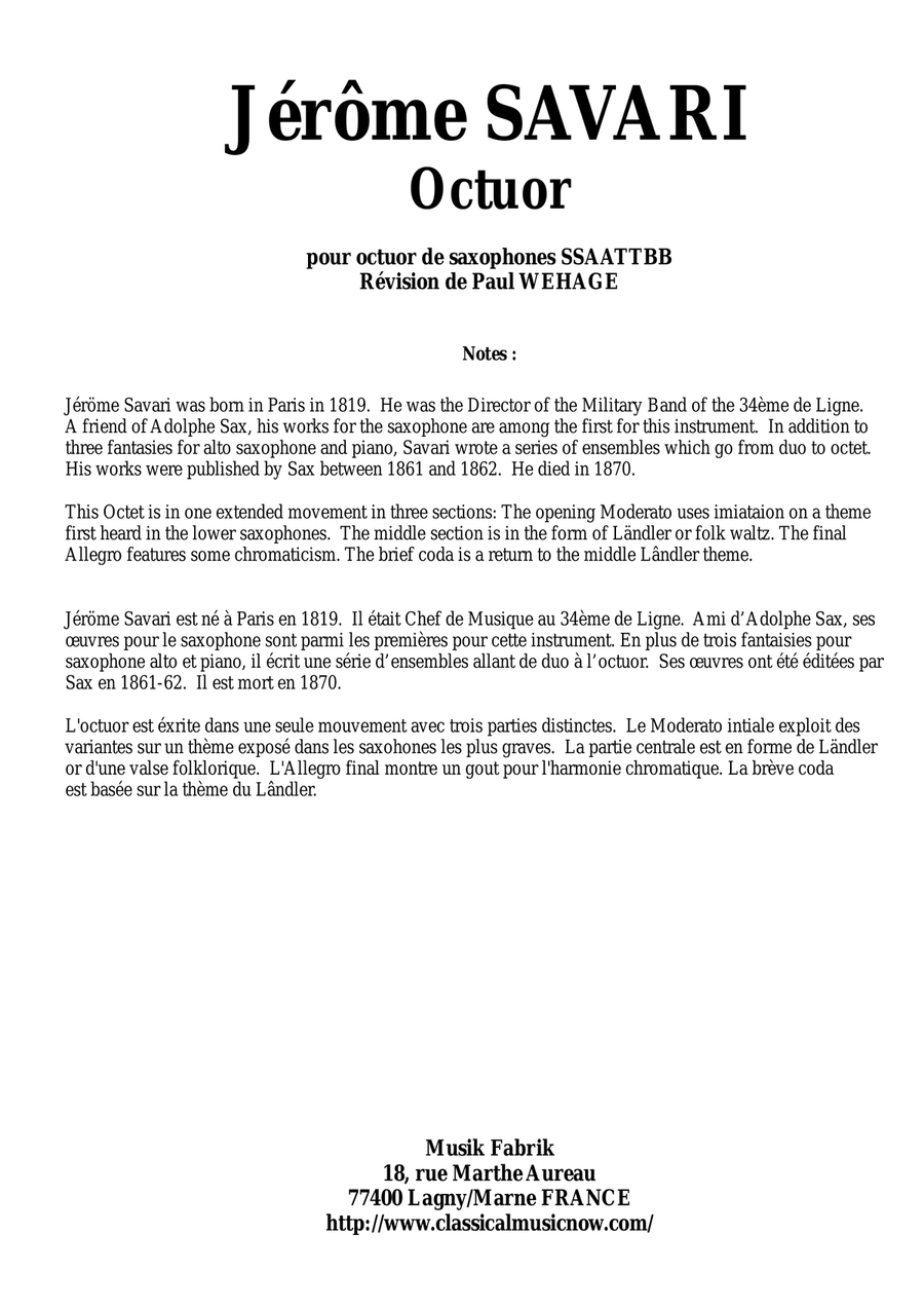 Jérôme Savari: Octet for SSAATTBB saxophone octet SSAATTBB scores gallery preview page 1