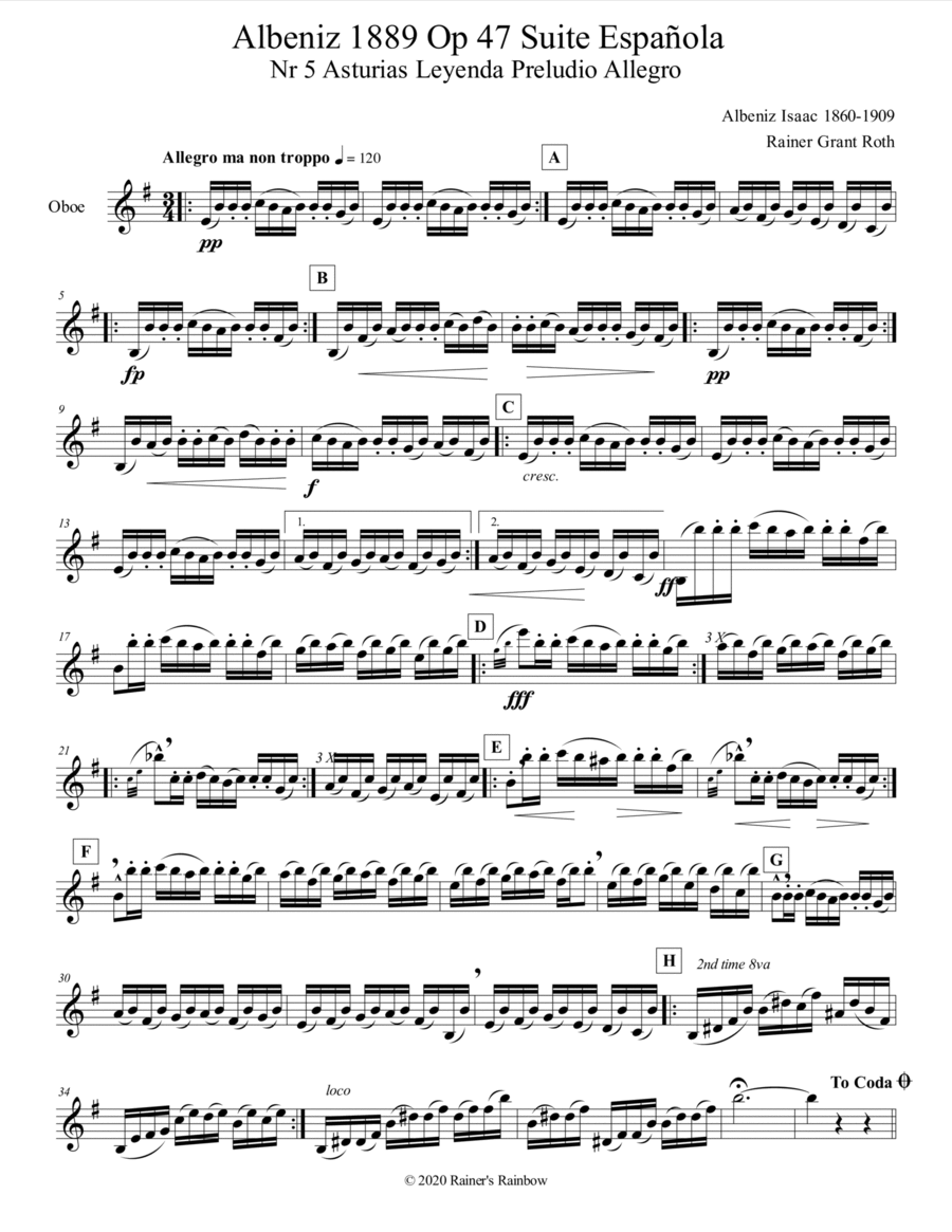 Albeniz 1889 Op 47 Suite Española Nr 5 Asturias Leyenda Preludio Allegro Oboe in the key of E minor