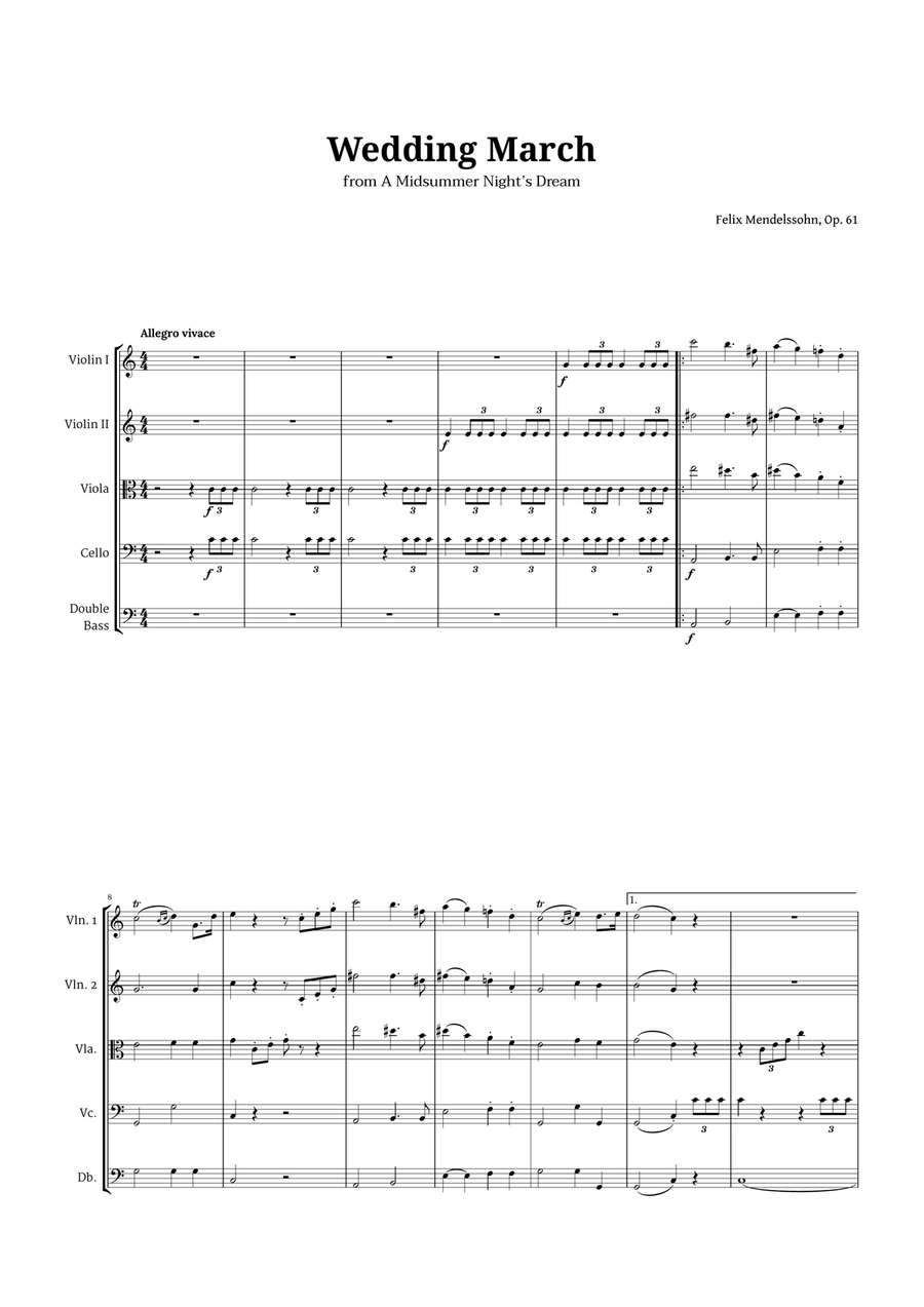 Wedding March by Mendelssohn for String Quintet String Quintet scores gallery preview page 1