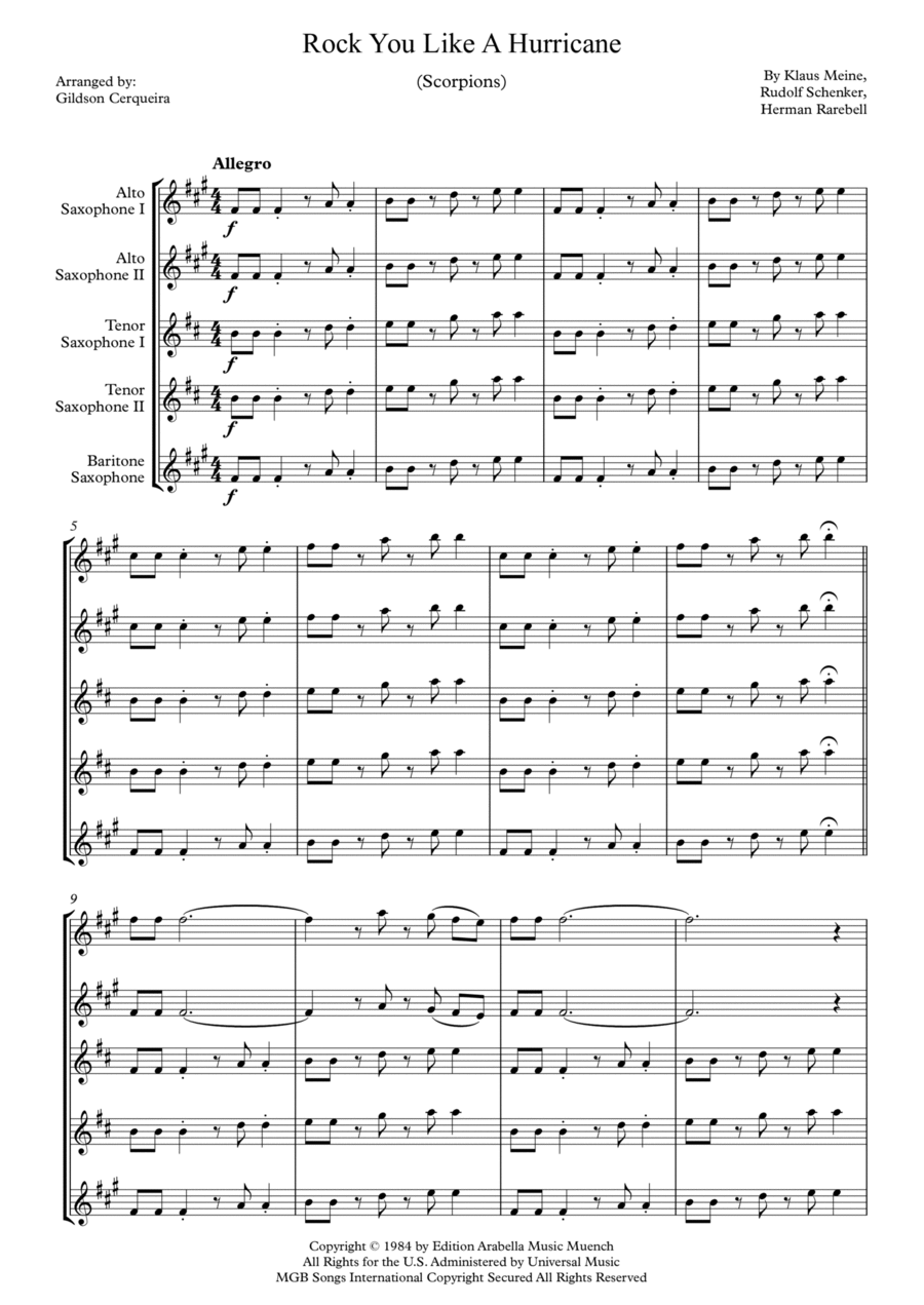 Rock You Like A Hurricane Saxophone Quintet scores gallery preview page 1