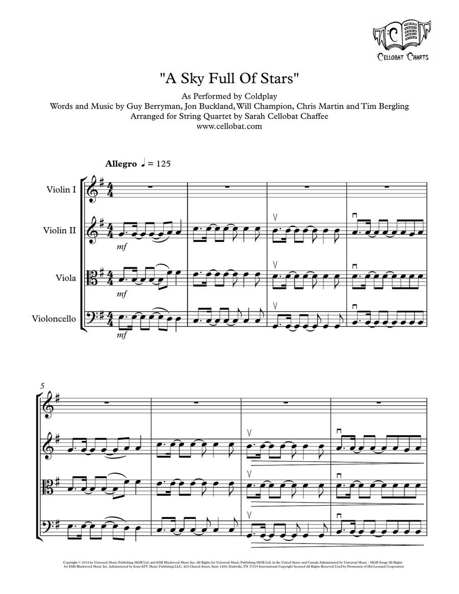 A Sky Full Of Stars String Quartet scores gallery preview page 1