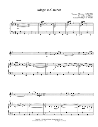Book cover for Albinoni - Adagio in G minor, transcribed for violin and piano