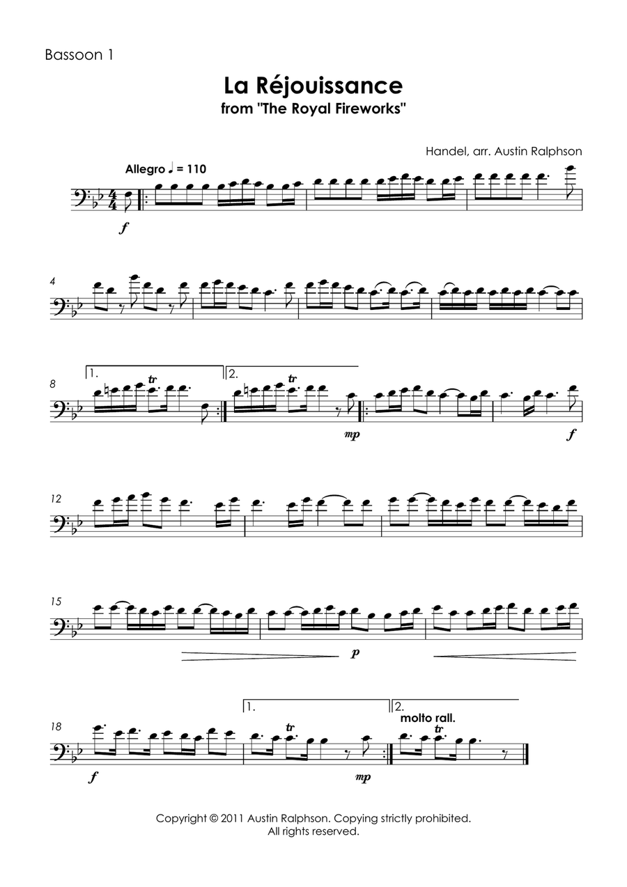 La Rejouissance (Fireworks) - bassoon quartet La Rejouissance (Fireworks) - bassoon quartet Bassoon Quartet scores gallery preview page 3