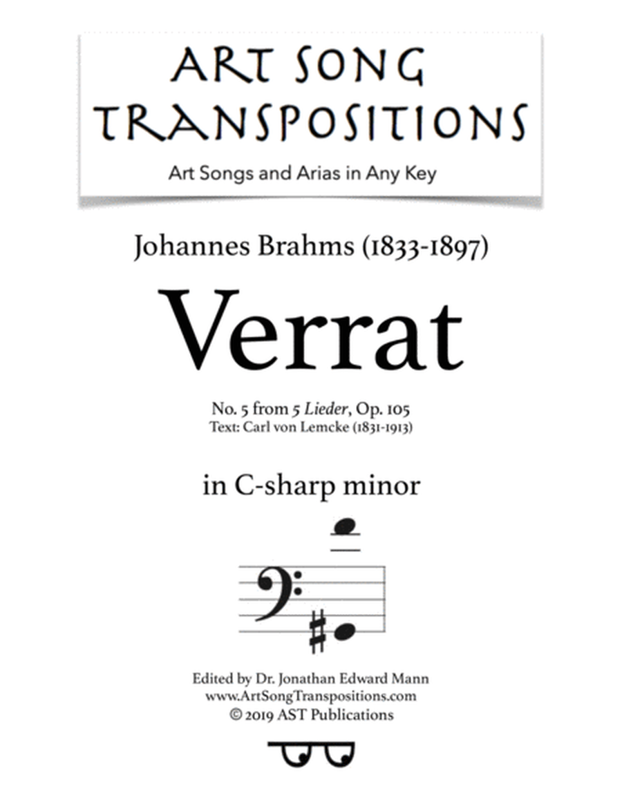 BRAHMS: Verrat, Op. 105 no. 5 (transposed to C-sharp minor, bass clef)