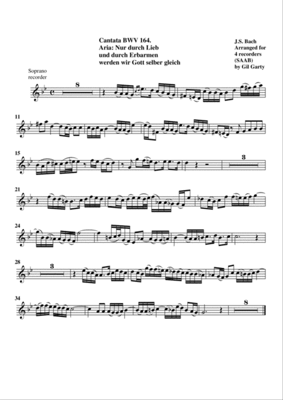 Aria: Nur durch Lieb und durch Erbarmen werden wir Gott selber gleich from cantata BWV 164 (arrangem Recorder scores gallery preview page 4