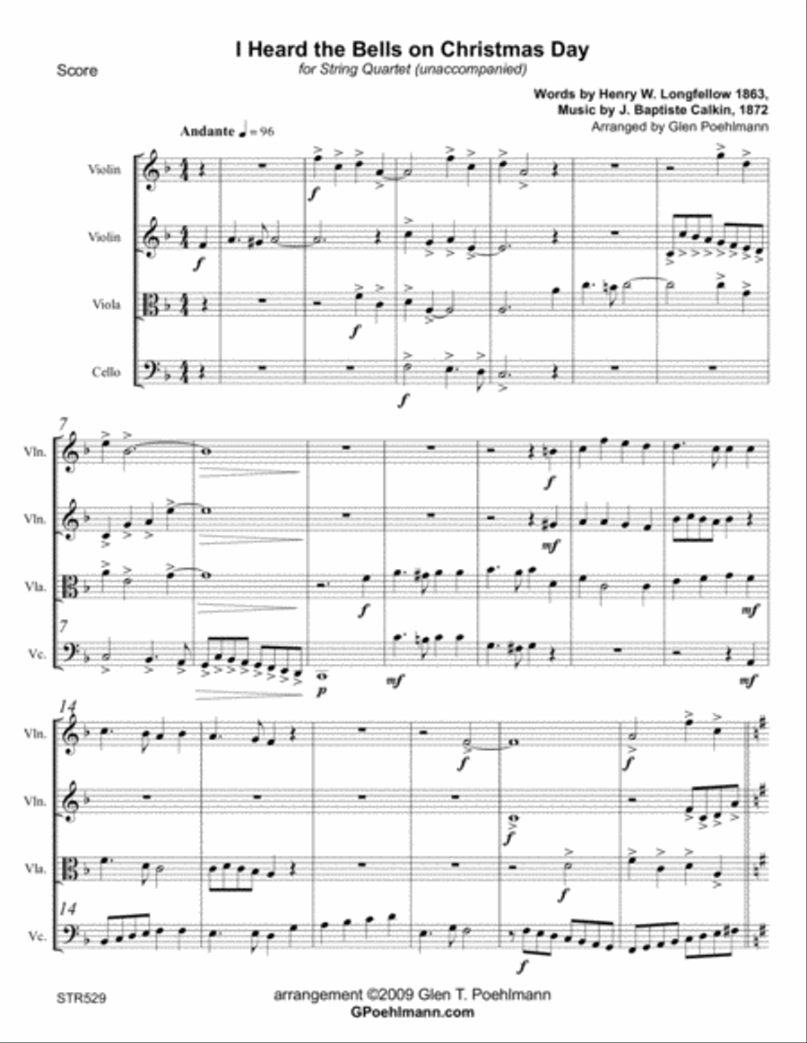 I HEARD THE BELLS ON CHRISTMAS DAY - unaccompanied STRING QUARTET (Grade 3+) A Cappella scores gallery preview page 1