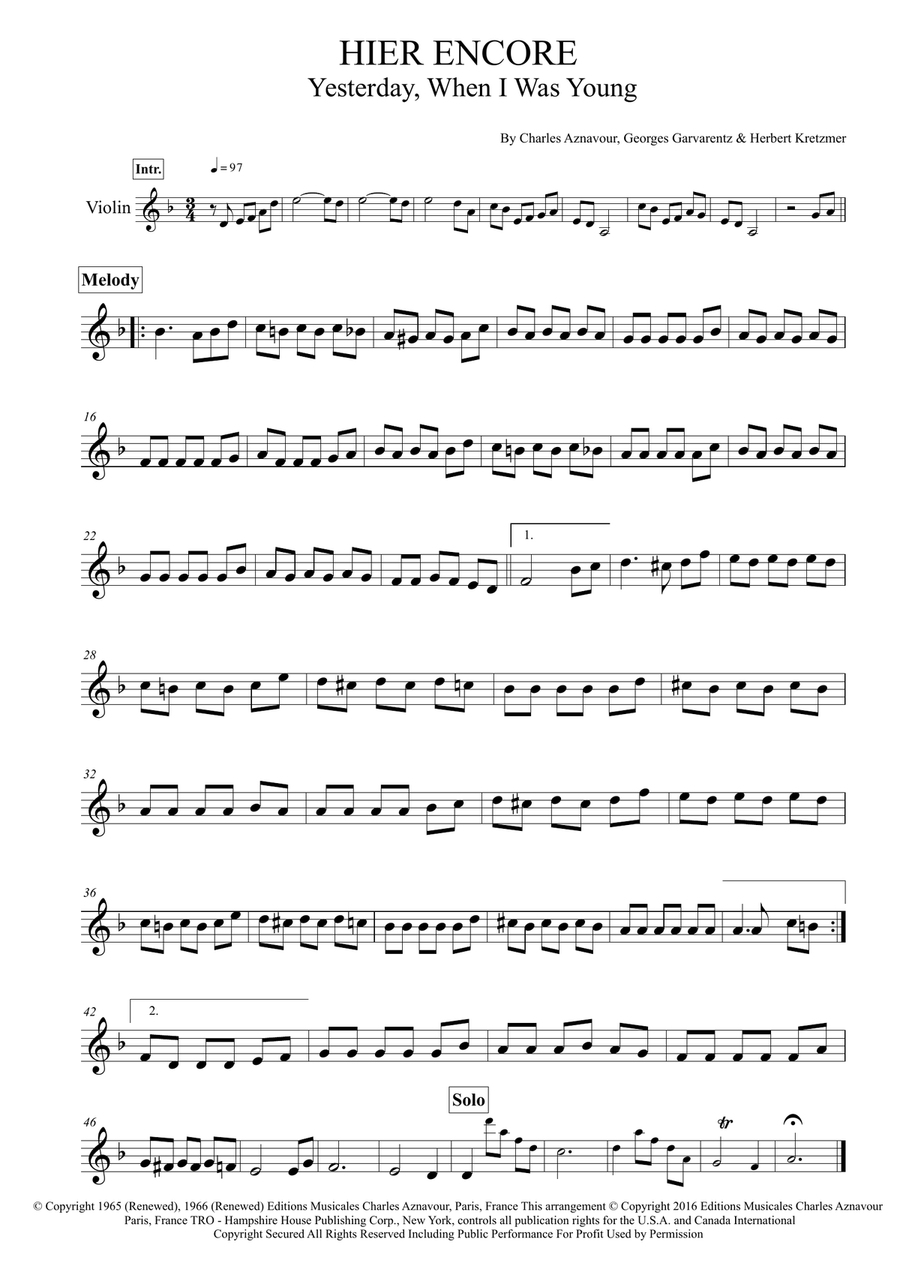 Yesterday, When I Was Young (hier Encore) Violin Solo scores gallery preview page 1