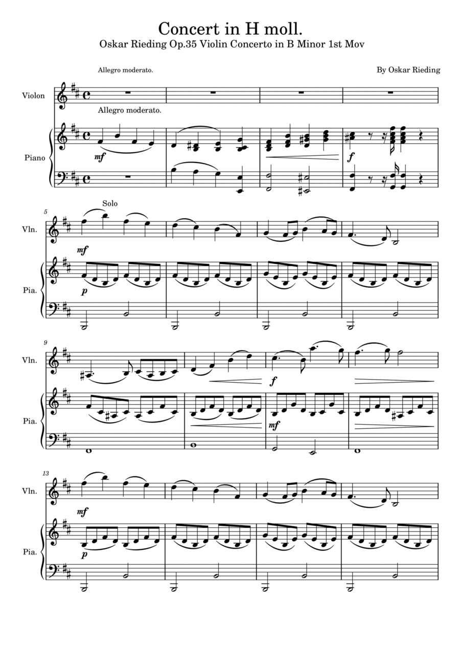 Concert in H moll,Oskar Rieding Op.35 Violin Concerto in B Minor 1st Mov,With Piano Accompaniment Violin Solo scores gallery preview page 1