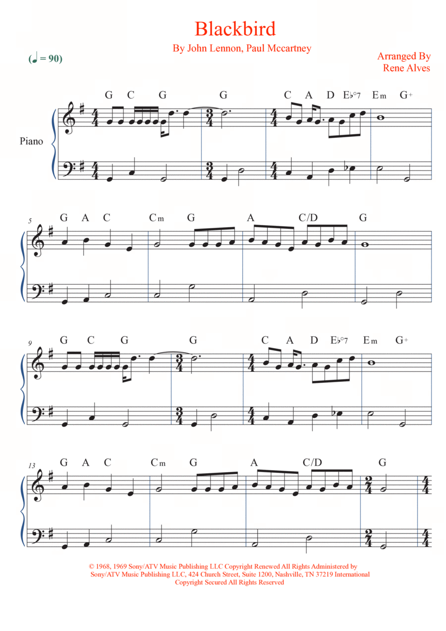 Blackbird Easy Piano scores gallery preview page 1
