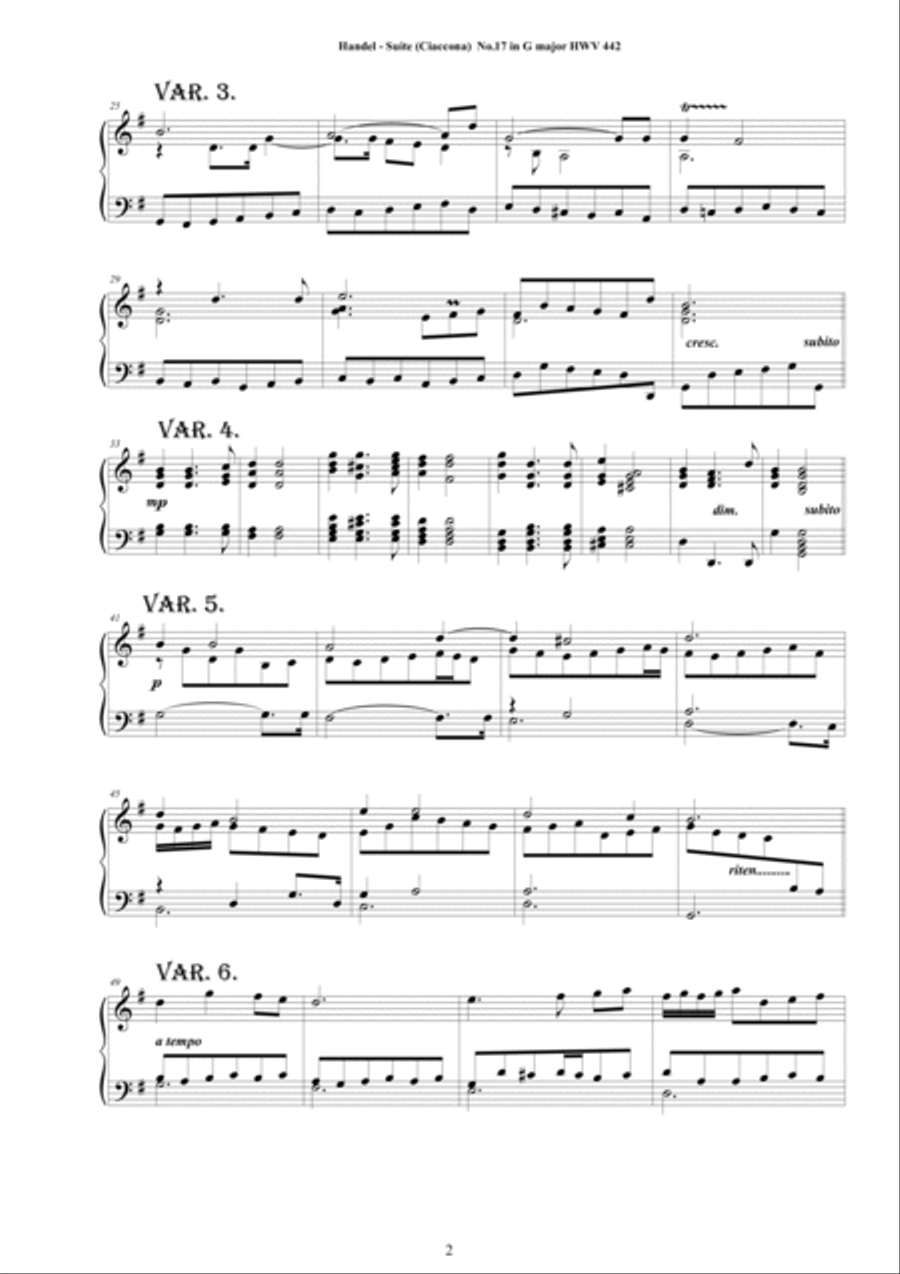 Handel - Piano Suite No.17 (Ciaccona with 62 variations) in G major HWV 442 Piano Solo scores gallery preview page 2